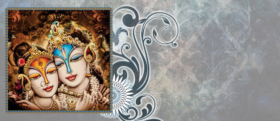 Beautiful Radha Krishna Matt Textured Art Print For Home Decor or radha and krishna hindu couple on abstract decorative background. - obrazy, fototapety, plakaty