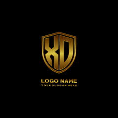 Initial letters XD shield shape gold monogram logo. Shield Secure Safe logo design inspiration