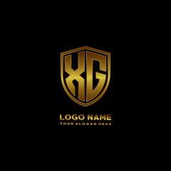 Initial letters XG shield shape gold monogram logo. Shield Secure Safe logo design inspiration