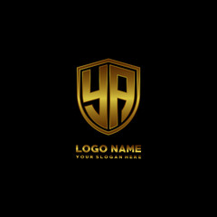 Initial letters YA shield shape gold monogram logo. Shield Secure Safe logo design inspiration