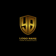 Initial letters YB shield shape gold monogram logo. Shield Secure Safe logo design inspiration