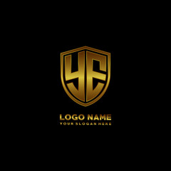 Initial letters YE shield shape gold monogram logo. Shield Secure Safe logo design inspiration