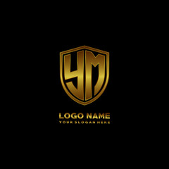 Initial letters YM shield shape gold monogram logo. Shield Secure Safe logo design inspiration