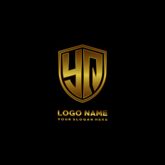 Initial letters YQ shield shape gold monogram logo. Shield Secure Safe logo design inspiration