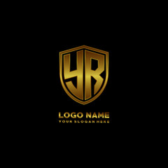 Initial letters YR shield shape gold monogram logo. Shield Secure Safe logo design inspiration