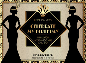 Geometric Art Deco Style Birthday Invitation Design with Woman - obrazy, fototapety, plakaty