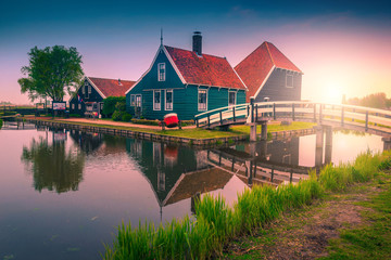 Majestic touristic village with traditional houses at sunrise, Zaanse Schans