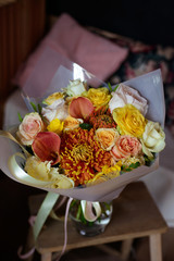 Bouquet of flowers. Natural fresh flower. Rose, anemone, buttercup, matthiola, tulip, eucalyptus, daffodil, chamomile, gerbera, dahlia, orchid, lotus, iris, lilac, gardenia, jasmine, magnolia, hyacint