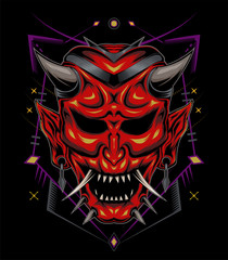 samurai mask illustration. red devil face illustration. vector head of red demon. japanese demon mask