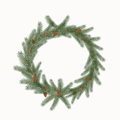 Fototapeta na wymiar Christmas wreath with cones and berries isolated on a white background