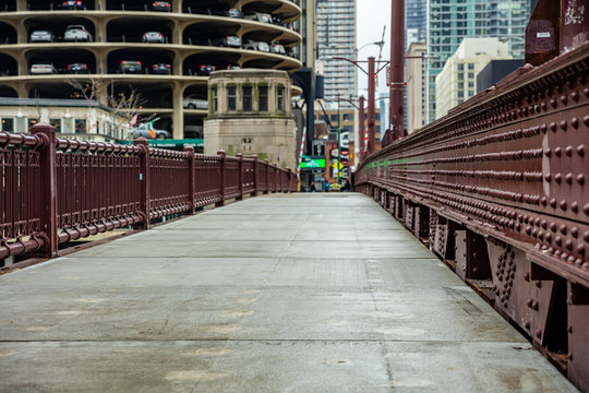 Bridge red steel over river, Chicago Illinois, USA