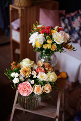 Bouquet of flowers. Natural fresh flower. Rose, anemone, buttercup, matthiola, tulip, eucalyptus, daffodil, chamomile, gerbera, dahlia, orchid, lotus, iris, lilac, gardenia, jasmine, magnolia, hyacint