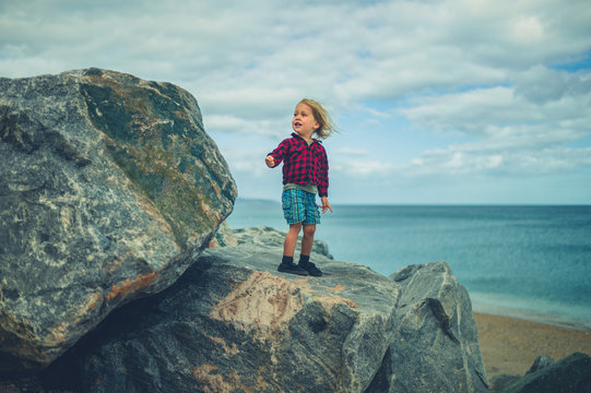 Little toddler standing on a rock by the sea