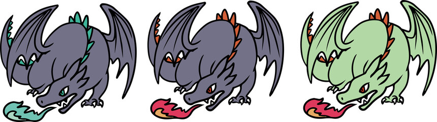 火を噴くドラゴンのイラストセット