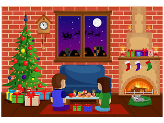 Decorated room for the new year and Christmas, with people waiting for the holiday. Vector illustration on a holiday theme with a fireplace and a Christmas tree.