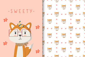 Cute fox illustration with seamless pattern in the white backdrop