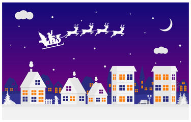 Merry Christmas and happy new year. A small town with Santa in the sky on a sleigh with deer. Paper art in digital style. Vector illustration.