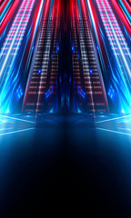 Background of empty show scene. Empty dark modern abstract neon background. Glow of neon lights on an empty stage, diodes, rays and lines. Lights of the night city.