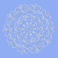 White circular mandala in the form of a snowflake on a blue background.