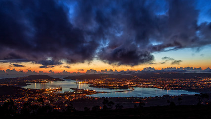 Panoramic View of Ferrol Estuary with Bridge and Shipyards Stormy Sky at Dusk La Coruña Galicia