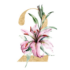 Number 2 with watercolor flowers lilies hand painting. Perfectly for anniversary, wedding invitation, greeting card, logo, poster and other floral design. Isolated on white background.