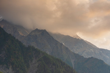 Naklejka premium Evening and morning view of the town of Chamonix and Mount Mont Blanc.