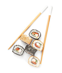 Composition with different sushi rolls on white background