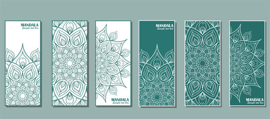 Set of cards with the image of a circular mandala in turquoise color.