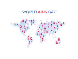 Vector flat world aids day illustration. Small red ribbons with text on earth map background. Health support and disease prevention concept. Design element for banner, poster, web, presentation