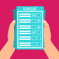 Hand filling checklist on To Do List. Form illustration with man signing a paper work document. Vector Modern flat design concept for web banners, web sites, printed materials, infographics.