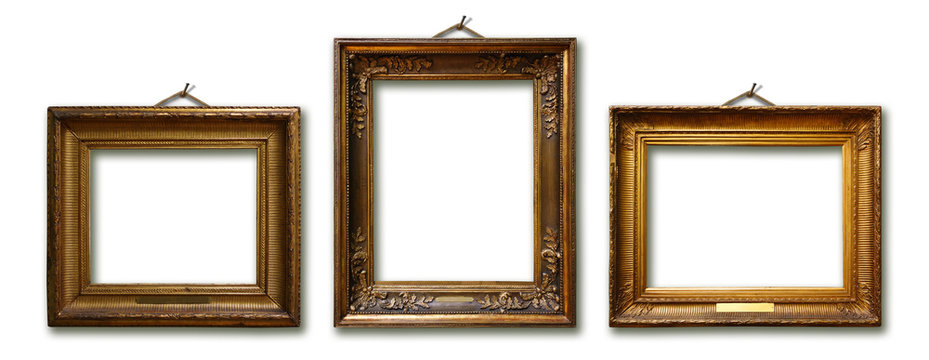 Set of picture gold wooden frame on isolated background