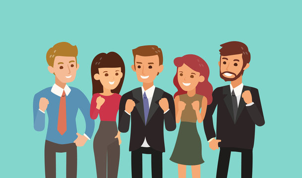 happy business team with fist up gesture. teamwork and togetherness concept cartoon illustration.