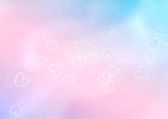 Abstract of glowing small white hearts scattering and floating on blur pastel soft pink blue and magenta background