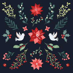 Fototapeta na wymiar Christmas clipart vector illustration collection for posters,cards banners, flyer, cover, stationery, fabric decoration. Set of hand drawn scandinavian style floral and objects for christmas products