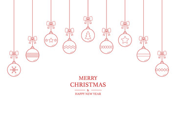 Hanging Christmas balls on white background with wishes. Xmas greeting card in cartoon style. Vector