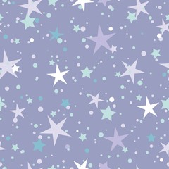 Seamless abstract pattern with stars and dots of blue and purple colors on violet background. fantasy.