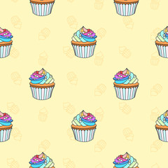  Pattern with cupcakes. Hand drawn background of rainbow cupcakes on yellow background. Vector 8 EPS.