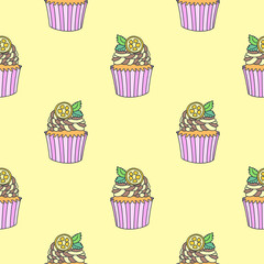 Pattern with cupcakes. Hand drawn background of citrus cupcakes on yellow background. Vector 8 EPS.