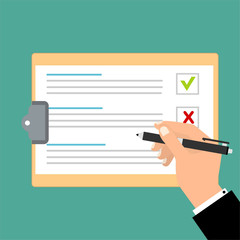 Hand filling checklist. Form illustration with man signing a paper work document. Vector Modern flat design concept for web banners, web sites, printed materials, infographics.