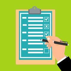 Hand filling checklist. Form illustration with man signing a paper work document. Vector Modern flat design concept for web banners, web sites, printed materials, infographics.