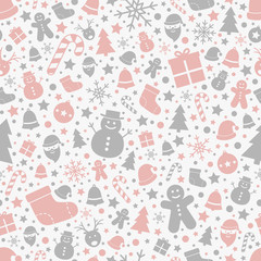 Christmas ornaments on white background. Xmas seamless wrapping paper. Vector