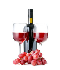 Bottle and glasses of wine on white background