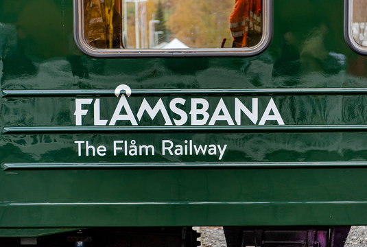 Flam, Norway, OCTOBER 2019: exterior of a Flamsbana (Flam Line) train carriage, a long railway line between Myrdal and Flåm in Aurland, Norway. Part of the Bergen Line.