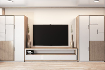 wardrobe wooden design and cabinet tv wooden japanese design on room minimal interior.3D rendering