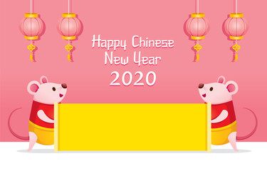 Two Rats In Chinese Clothing Holding Yellow Empty Sign On Pink Banner, Happy Chinese New Year 2020, Year Of The Rat