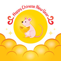 Rat Holding Gold Sitting In Yellow Circle Look Like Moon On The Sky, Happy Chinese New Year 2020, Year Of The Rat