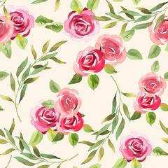 Watercolor seamless pattern with roses. Flowers, leaves