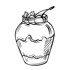 Sketch ink hand drawn doodle illustration of a yogurt with cherry.Graphic yogurt pot isolated on white background. Fruit Parfait Doodle