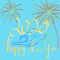 Fototapeta na wymiar Happy New Year 2020. Celebrate with fireworks by the sea with blue waves. Handwritten greeting card