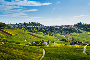 Germany, Beautiful little village of stuttgart district rotenberg, a city on a hill surrounded by colorful vineyards in impressive nature landscape
